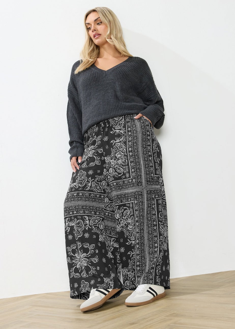 Yours Curve Black Paisley Wide Leg Trousers