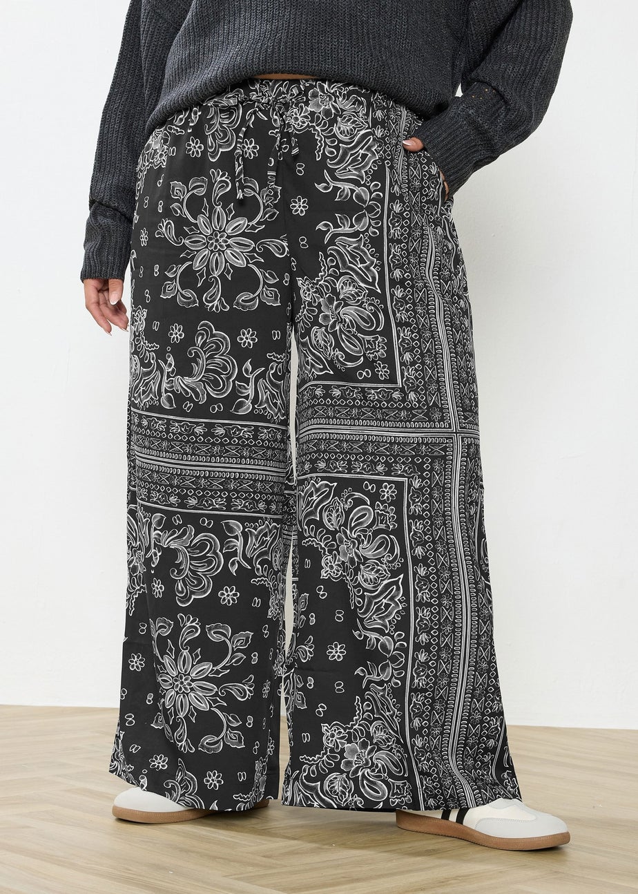 Yours Curve Black Paisley Wide Leg Trousers
