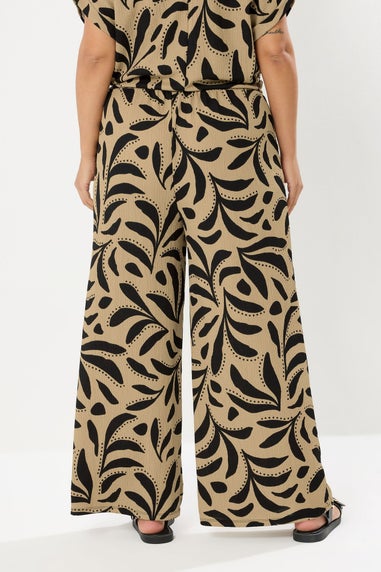 Yours Curve Natural Brown Leaf Crinkle Wide Leg Trousers