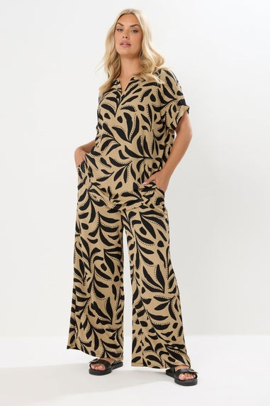 Yours Curve Natural Brown Leaf Crinkle Wide Leg Trousers