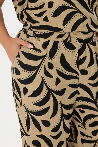 Yours Curve Natural Brown Leaf Crinkle Wide Leg Trousers