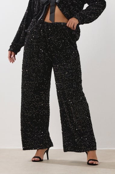 Yours Curve Black Sequin Wide Leg Trousers