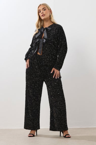Yours Curve Black Sequin Wide Leg Trousers