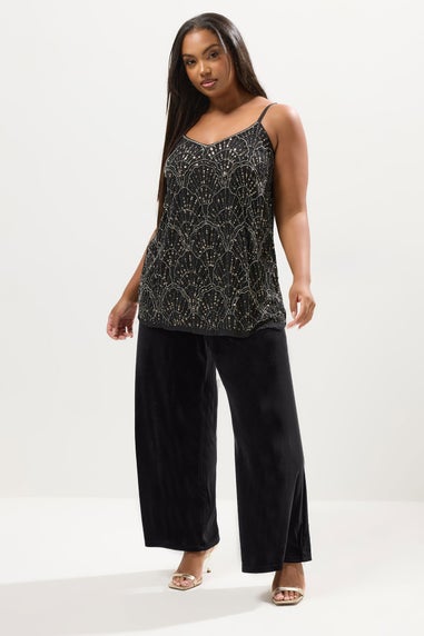 Yours Curve Black Velvet Palazzo Trousers