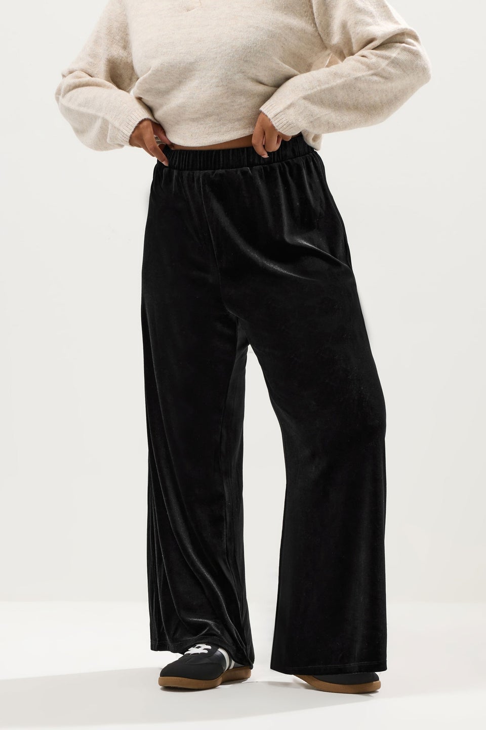 Yours Curve Black Velvet Palazzo Trousers