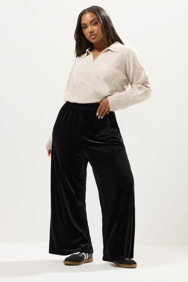 Yours Curve Black Velvet Palazzo Trousers