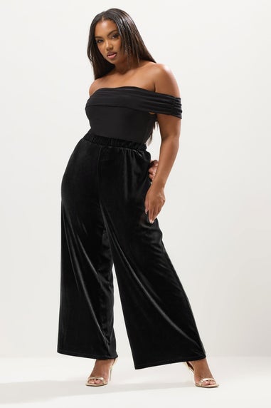 Yours Curve Black Velvet Palazzo Trousers