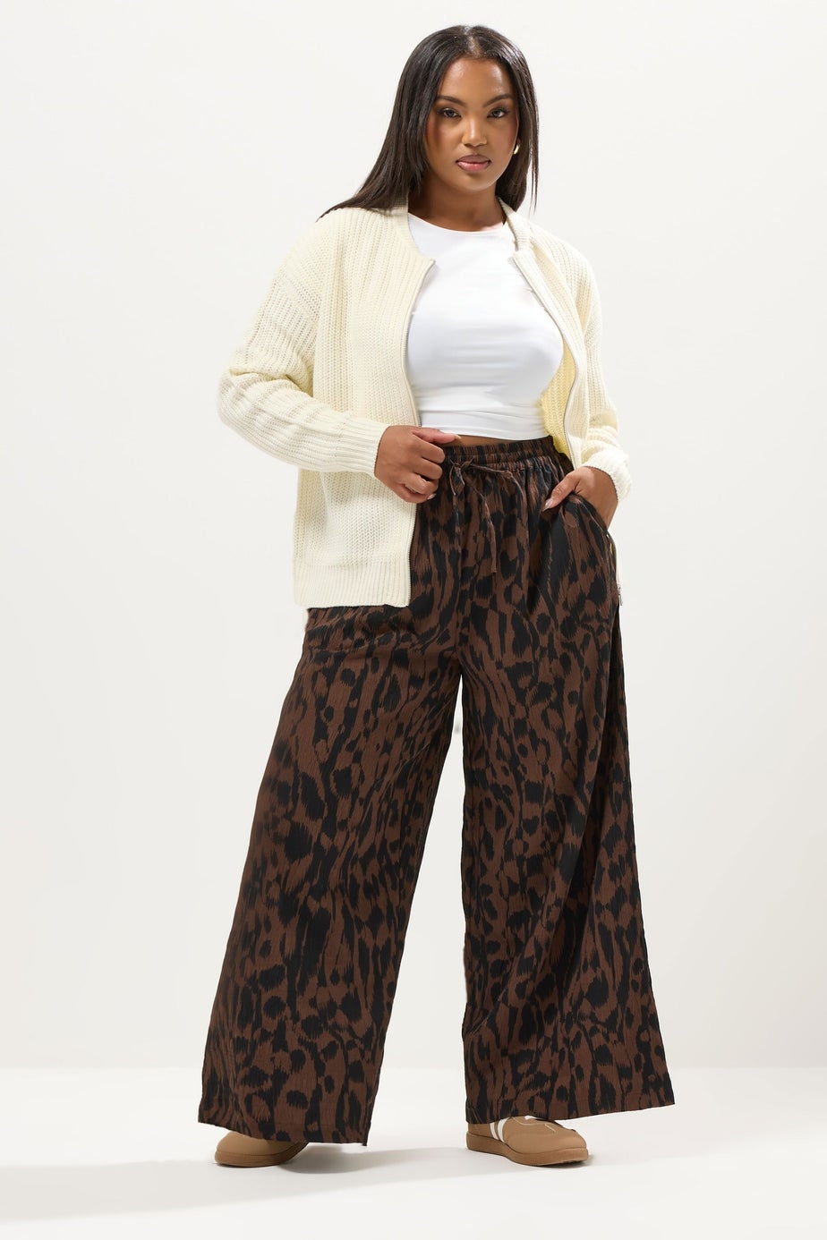 Yours Curve Brown & Black Abstract Wide Leg Trousers