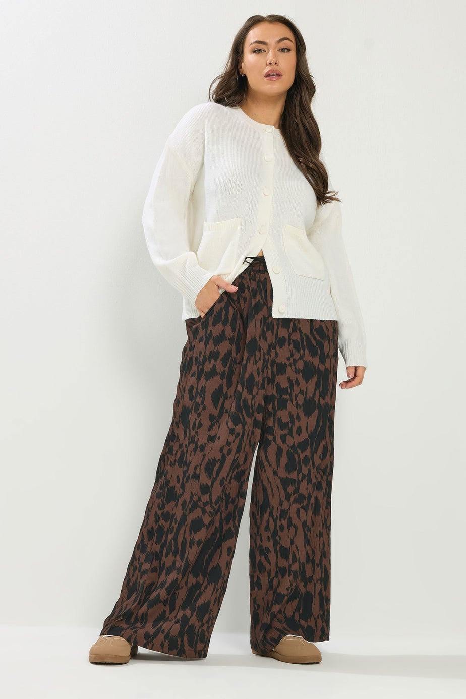 Yours Curve Brown & Black Abstract Wide Leg Trousers