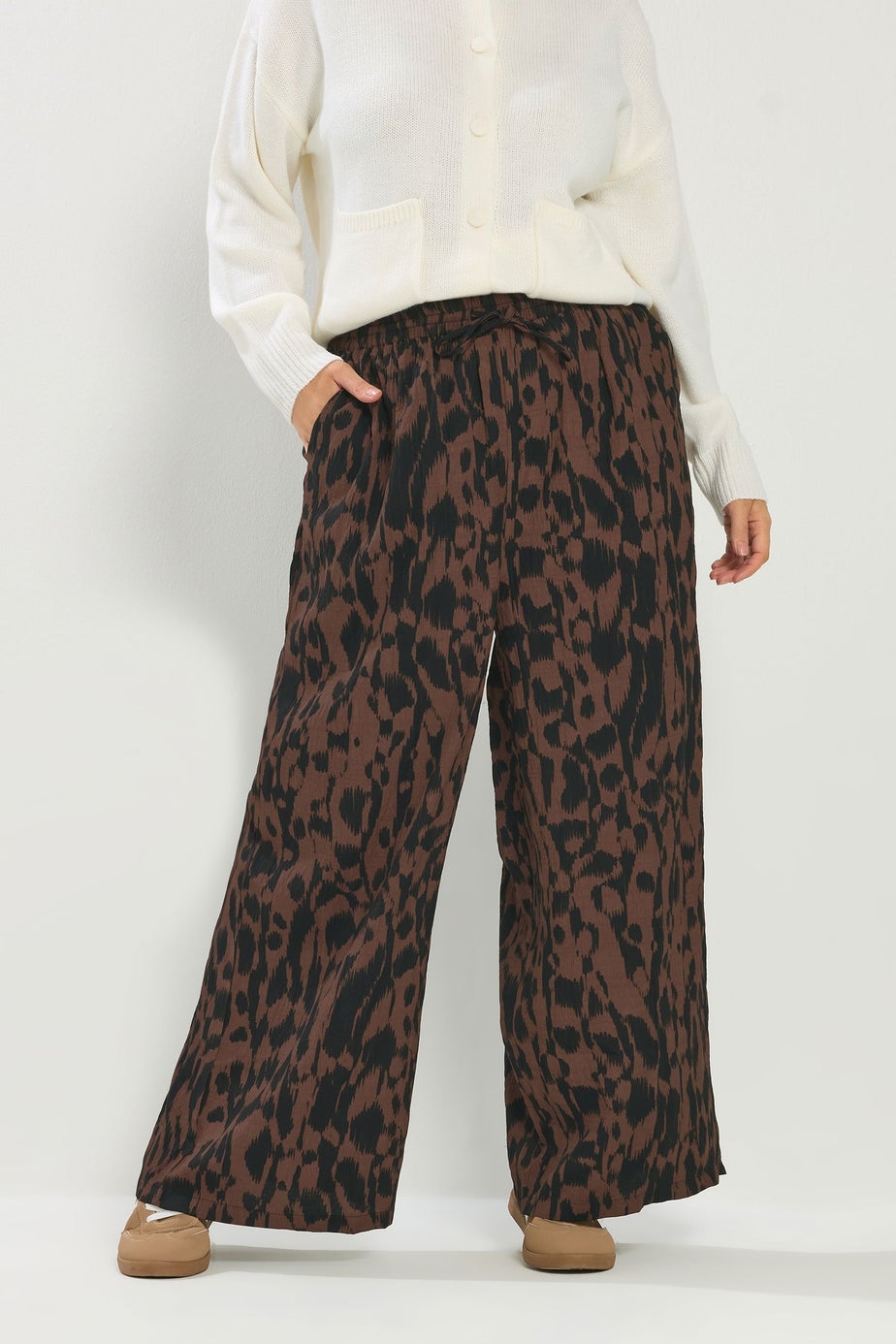 Yours Curve Brown & Black Abstract Wide Leg Trousers
