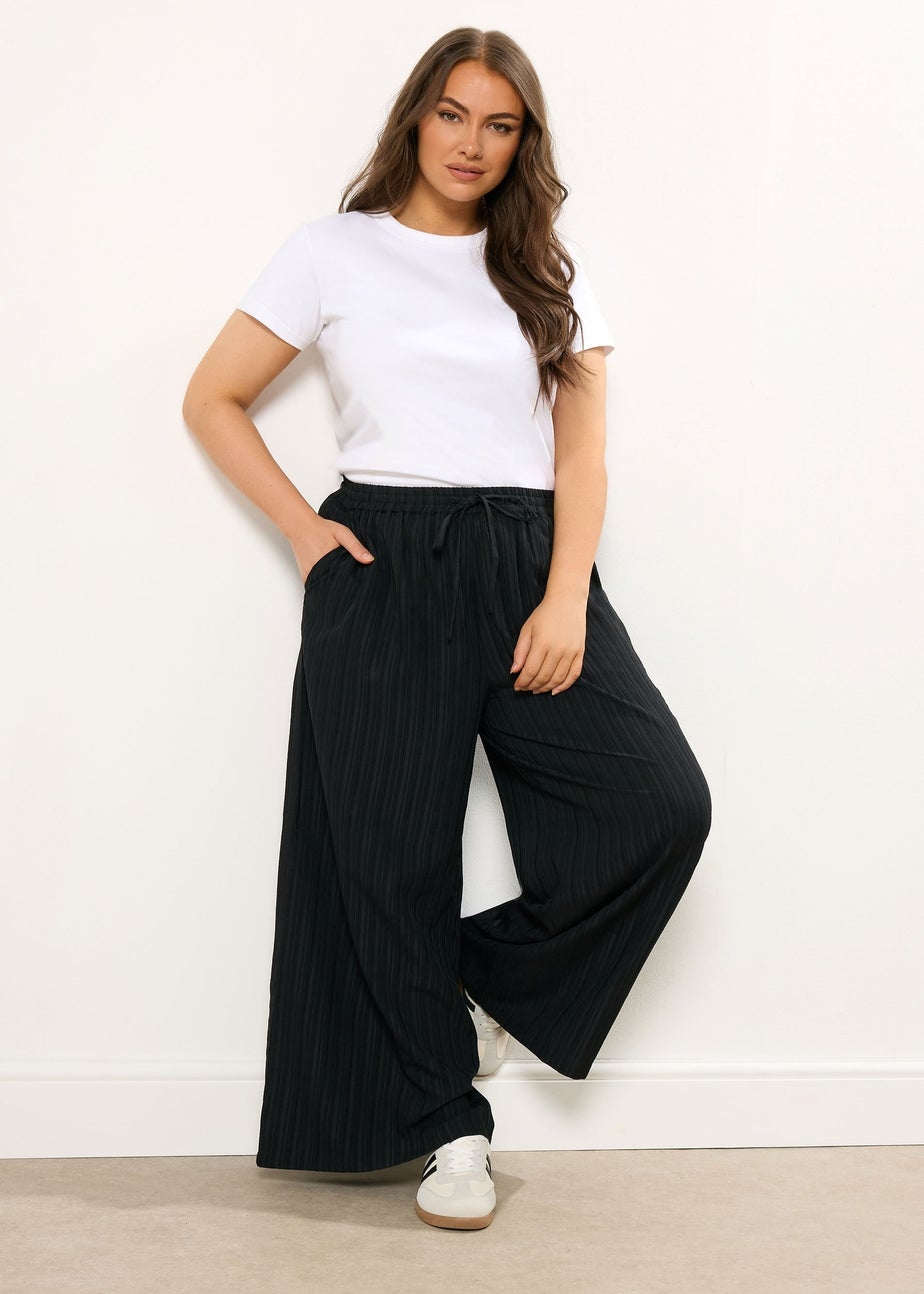 Yours Curve Black Crinkle Wide Leg Trousers