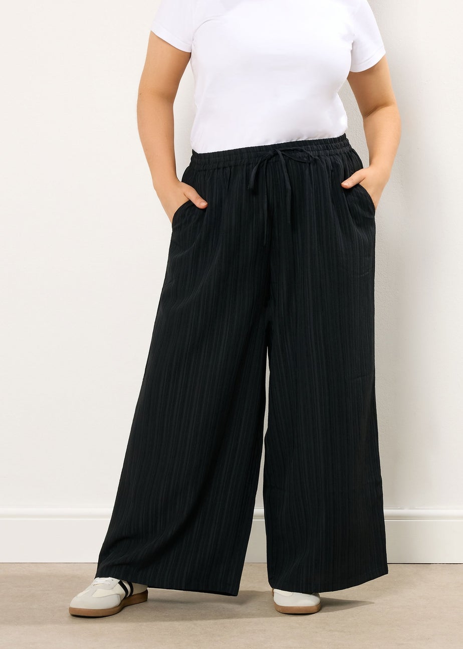 Yours Curve Black Crinkle Wide Leg Trousers