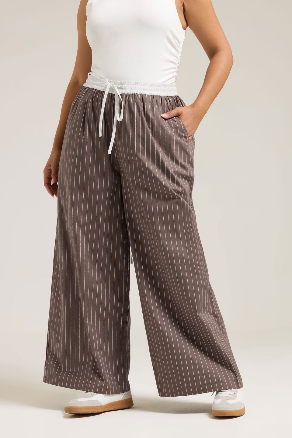 Yours Curve Brown Stripe Wide Leg Trousers