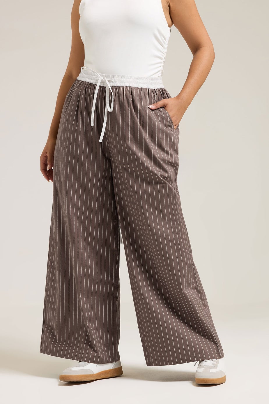 Yours Curve Brown Stripe Wide Leg Trousers