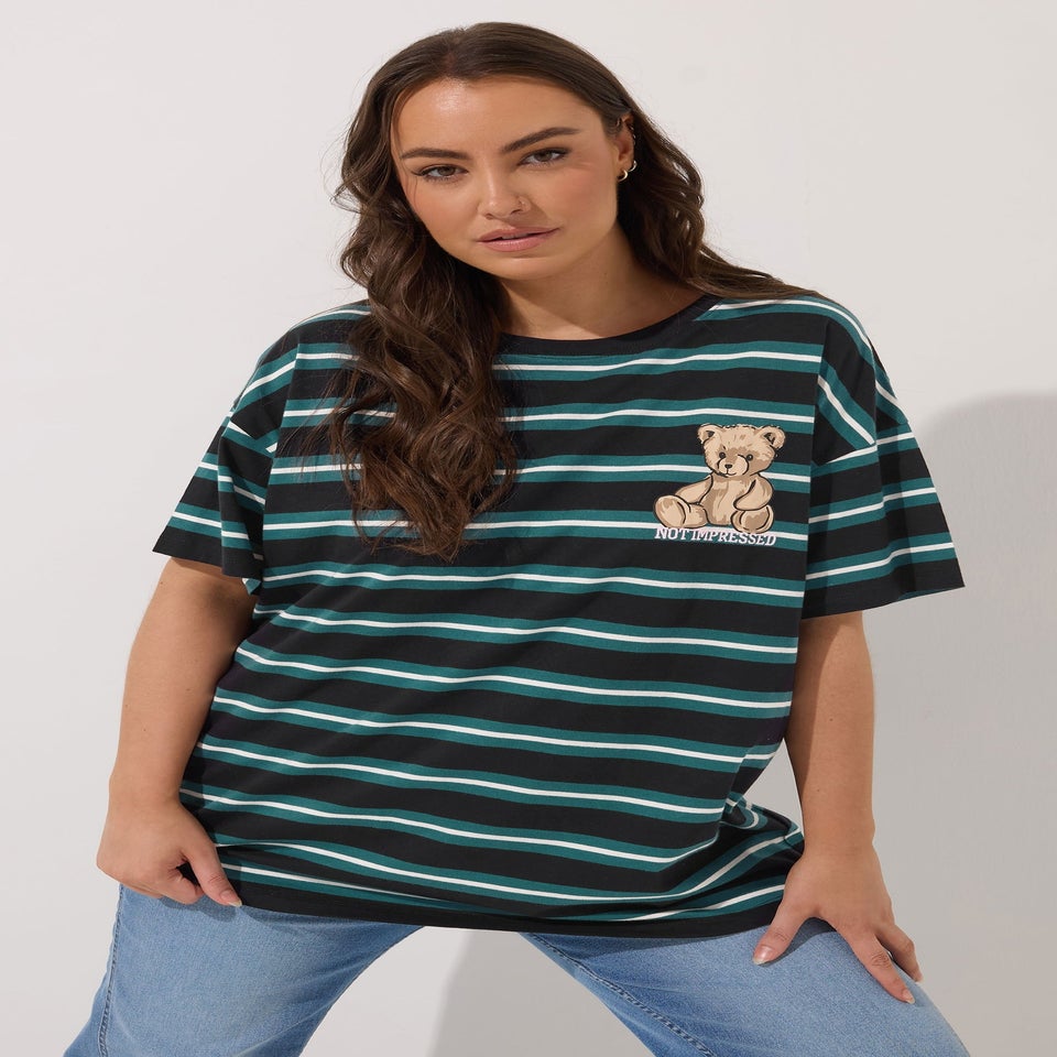 Yours Curve Green Stripe Teddy Print T-Shirt