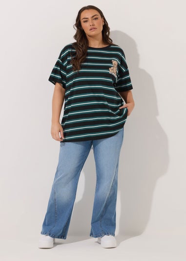 Yours Curve Green Stripe Teddy Print T-Shirt
