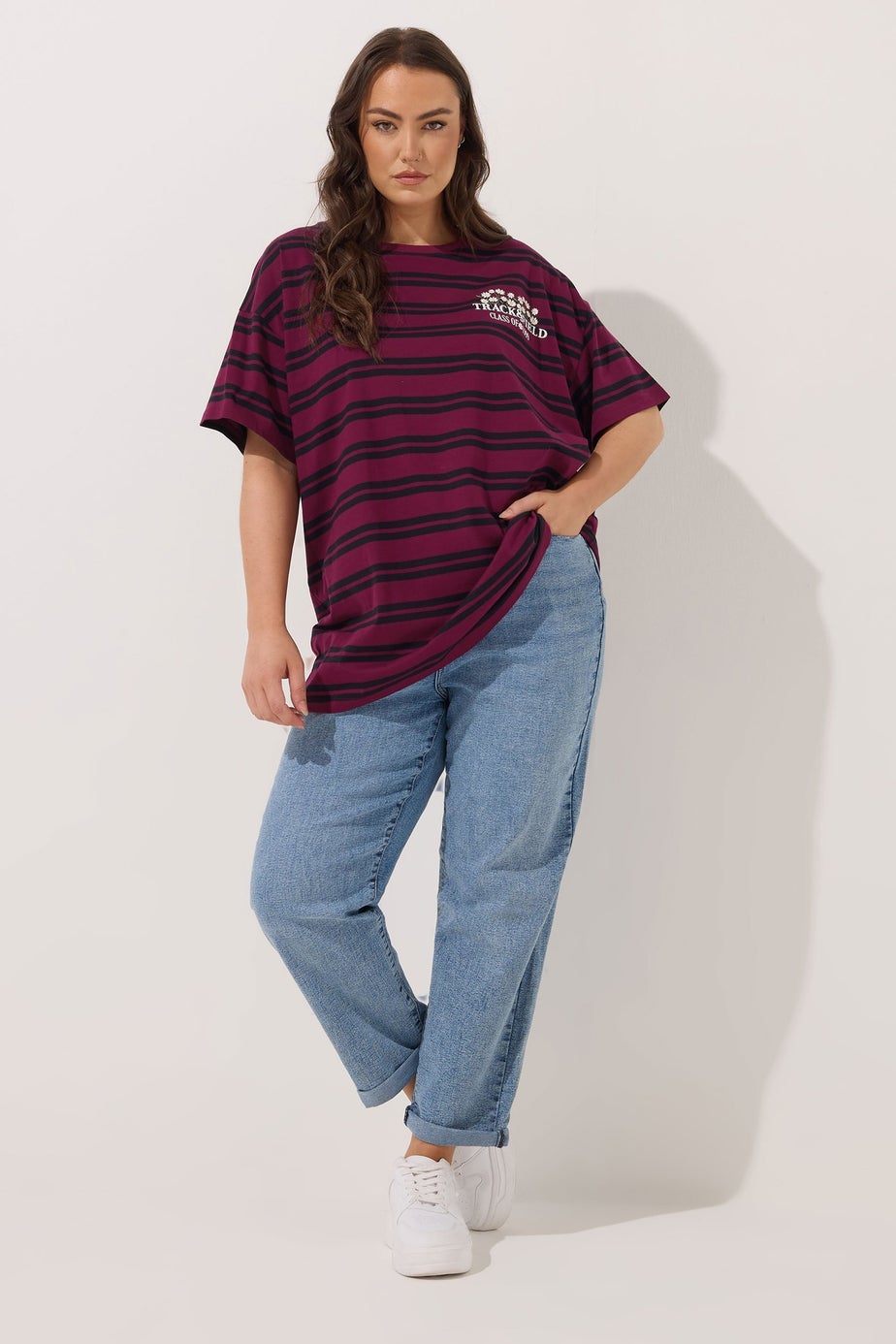 Yours Curve Red Stripe Daisy Print T-Shirt