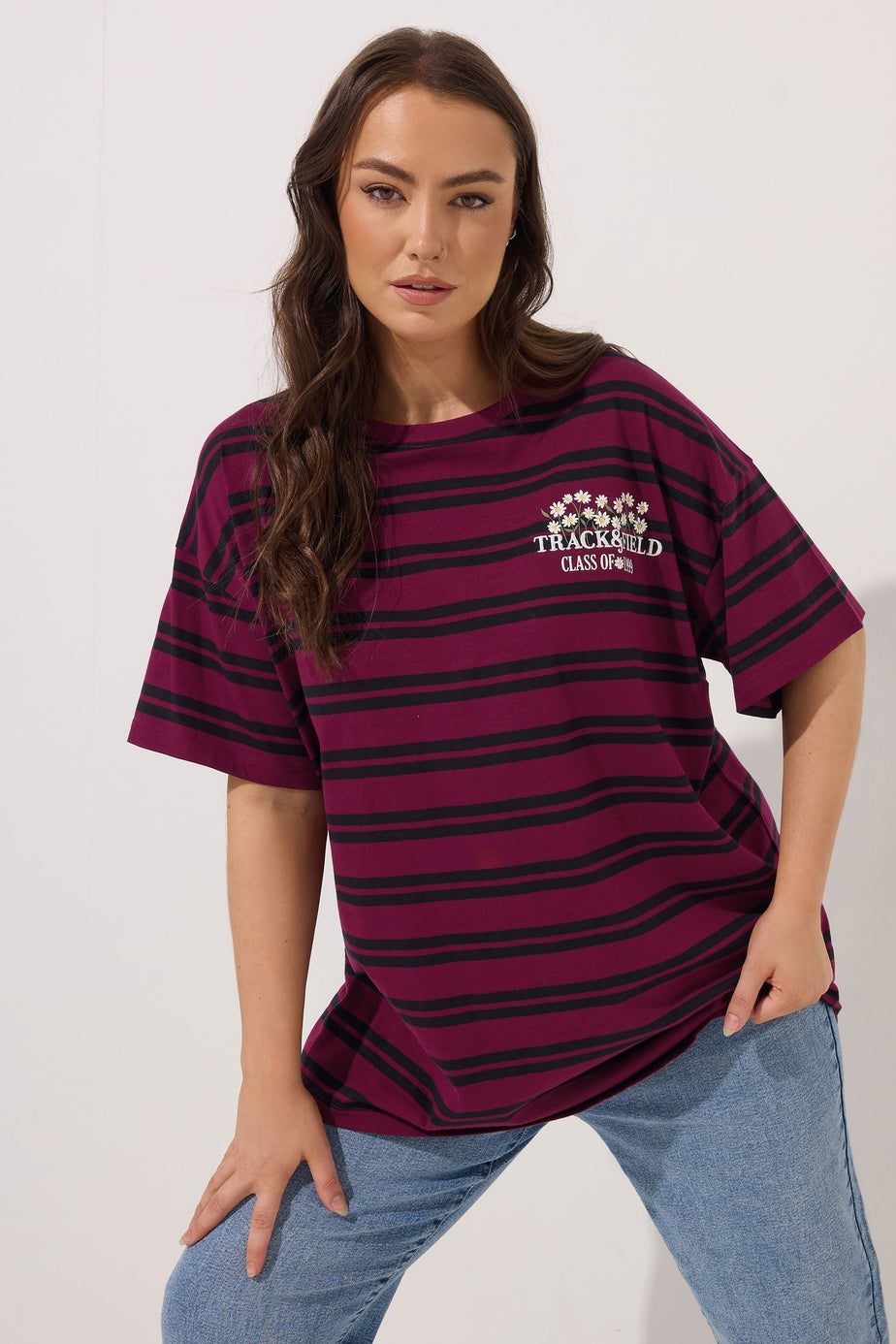 Yours Curve Red Stripe Daisy Print T-Shirt