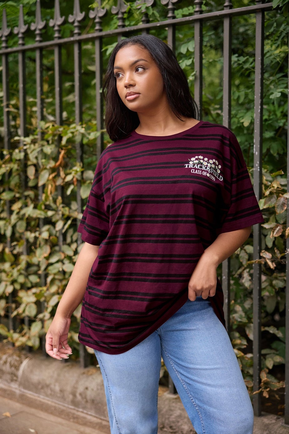 Yours Curve Red Stripe Daisy Print T-Shirt