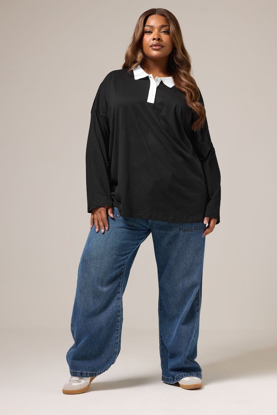 Yours Curve Black Rugby Collar Top