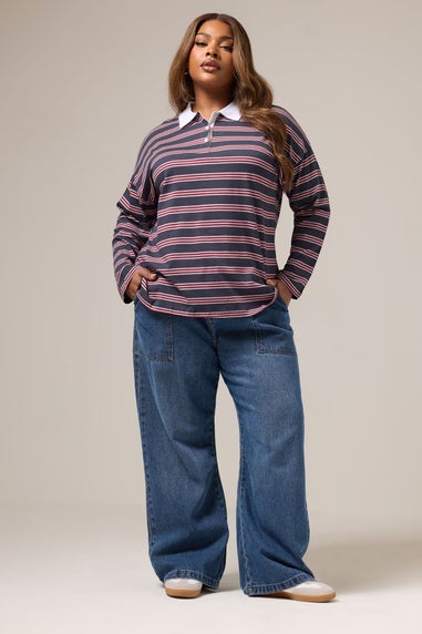 Yours Curve Grey & Red Stripe Rugby Collar Top