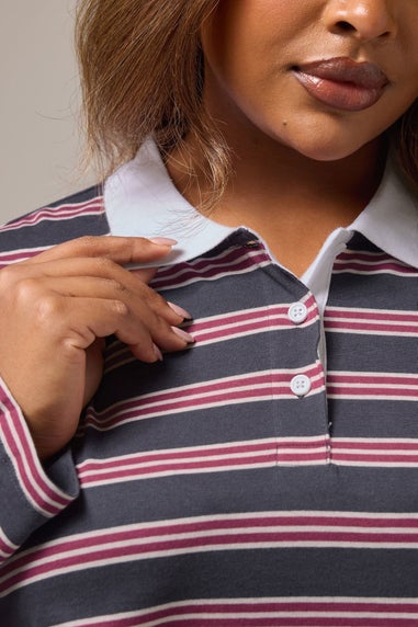 Yours Curve Grey & Red Stripe Rugby Collar Top