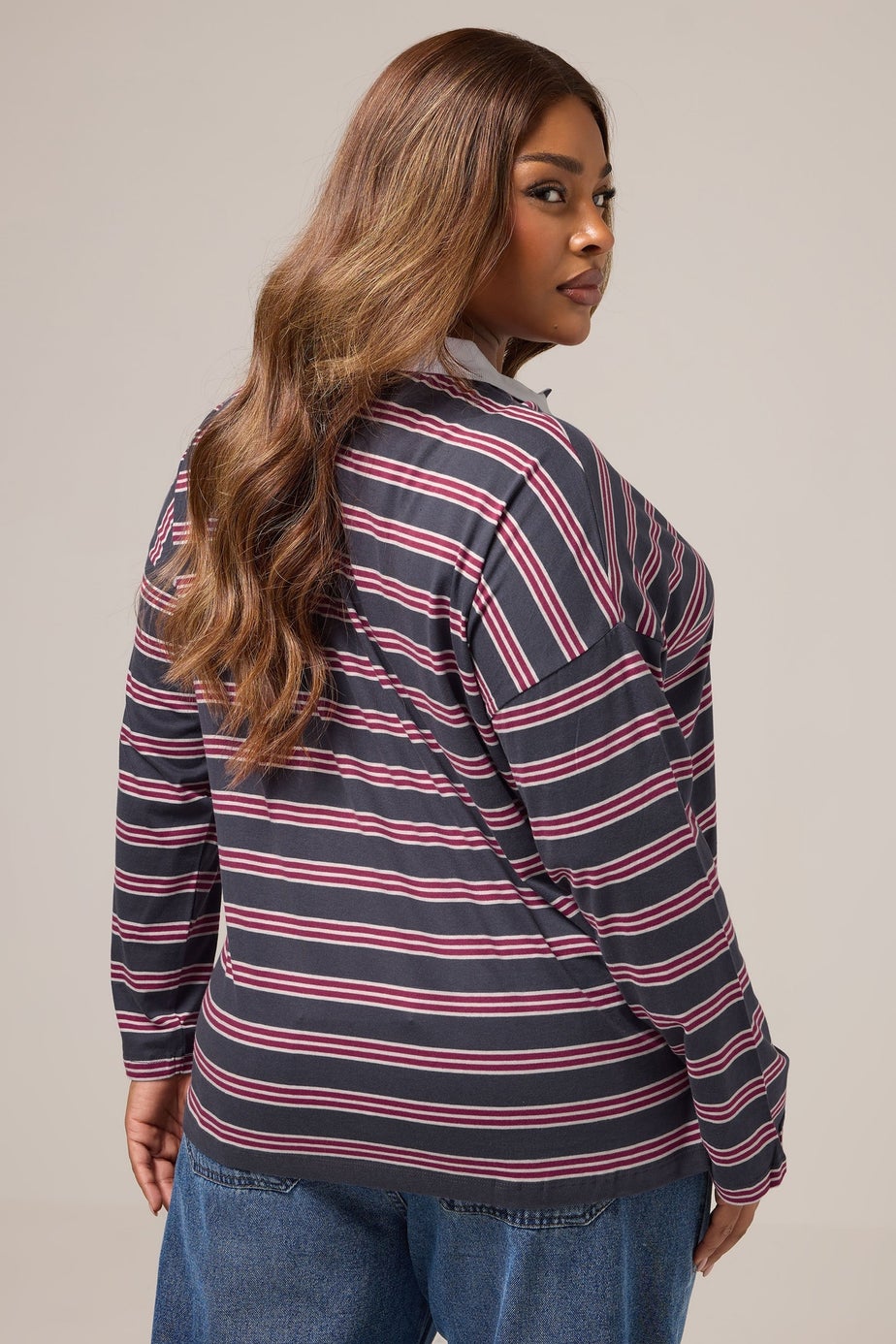 Yours Curve Grey & Red Stripe Rugby Collar Top