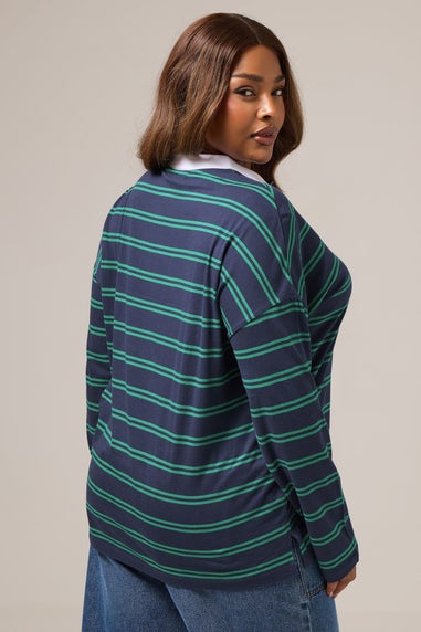 Yours Curve Navy Blue Stripe Rugby Collar Top
