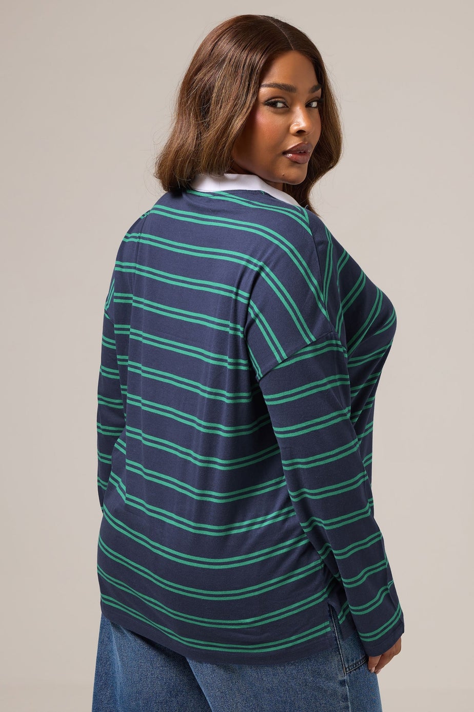 Yours Curve Navy Blue Stripe Rugby Collar Top