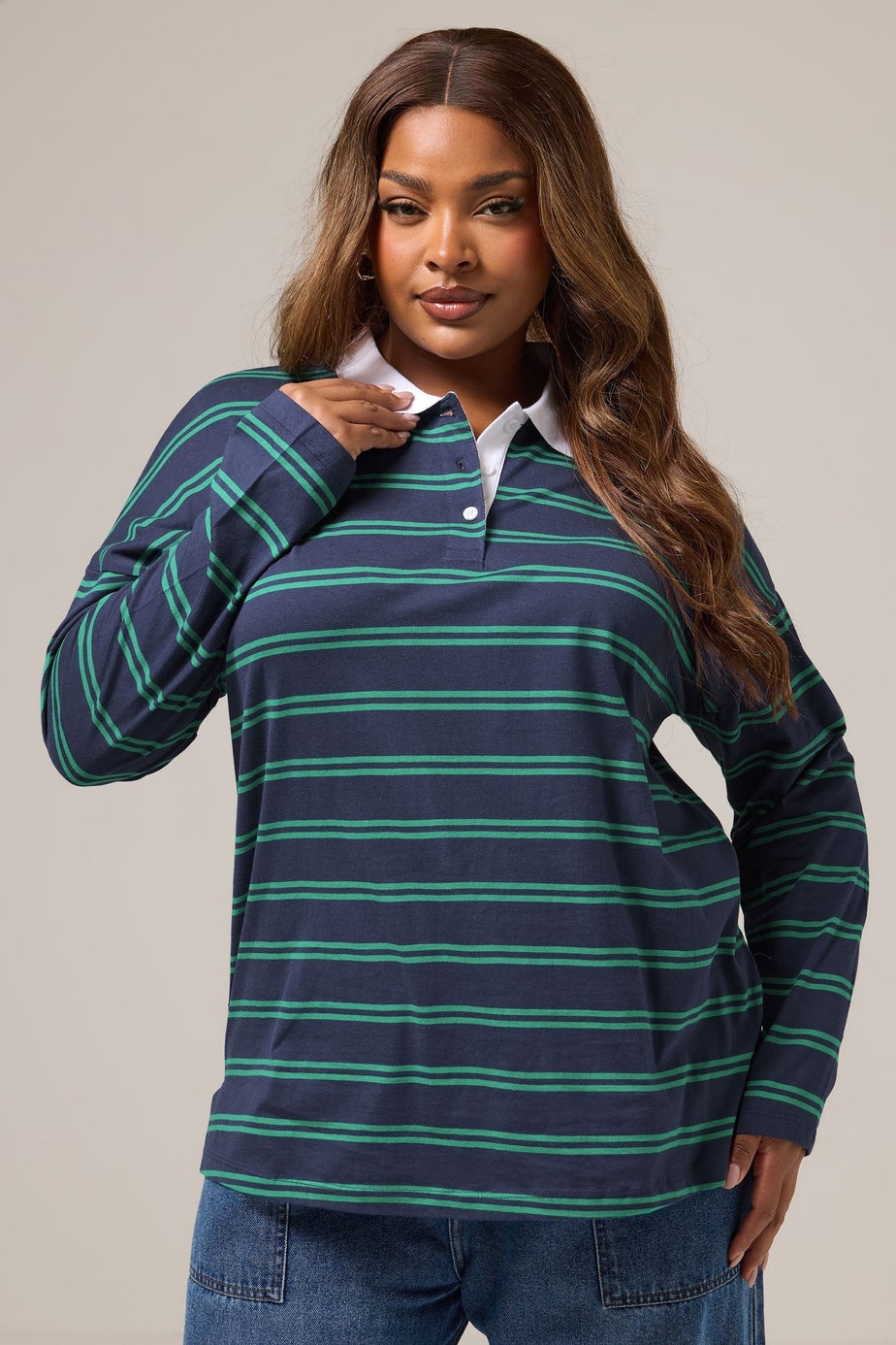 Yours Curve Navy Blue Stripe Rugby Collar Top