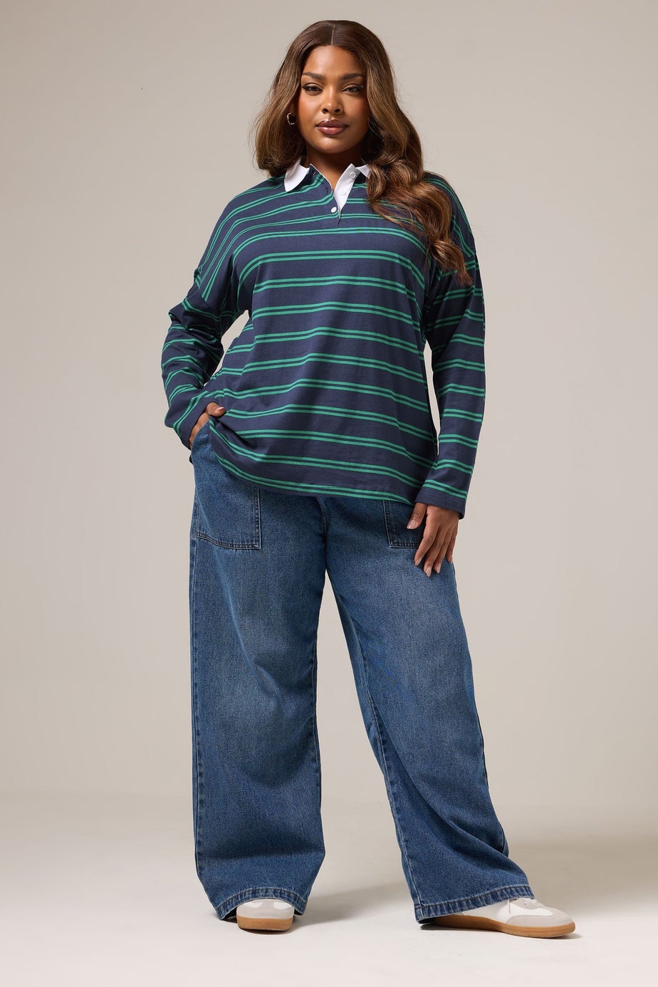 Yours Curve Navy Blue Stripe Rugby Collar Top