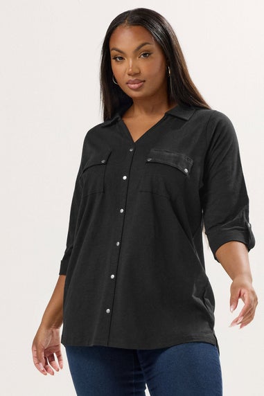 Yours Curve Black Jersey Placket Shirt