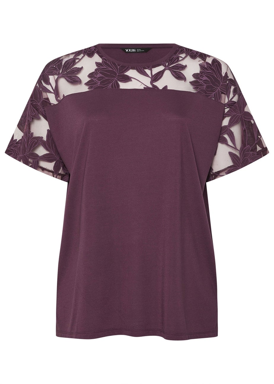 Yours Curve Purple Floral Burnout Boxy T-Shirt
