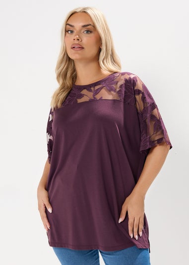 Yours Curve Purple Floral Burnout Boxy T-Shirt