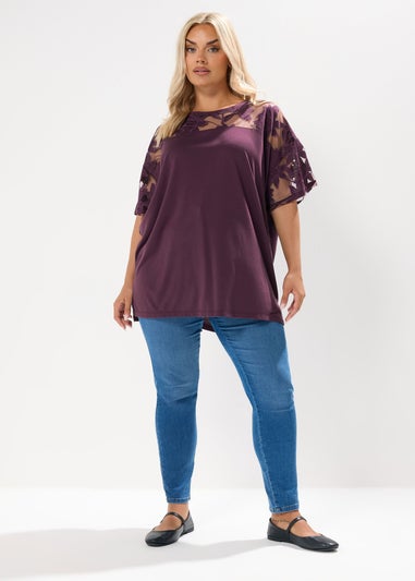 Yours Curve Purple Floral Burnout Boxy T-Shirt