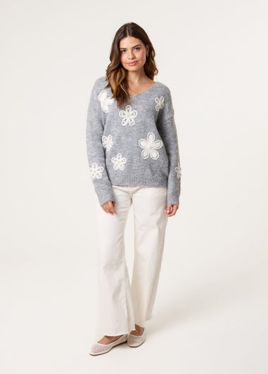 Blue Vanilla Grey V Neck Flower & Pearl Jumper