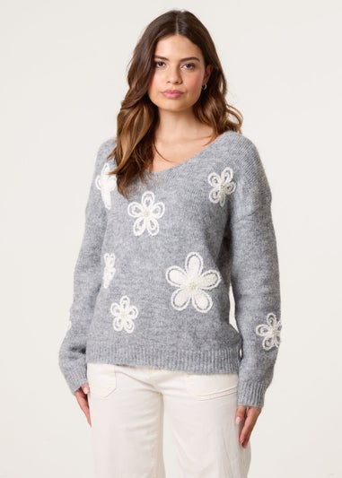 Blue Vanilla Grey V Neck Flower & Pearl Jumper