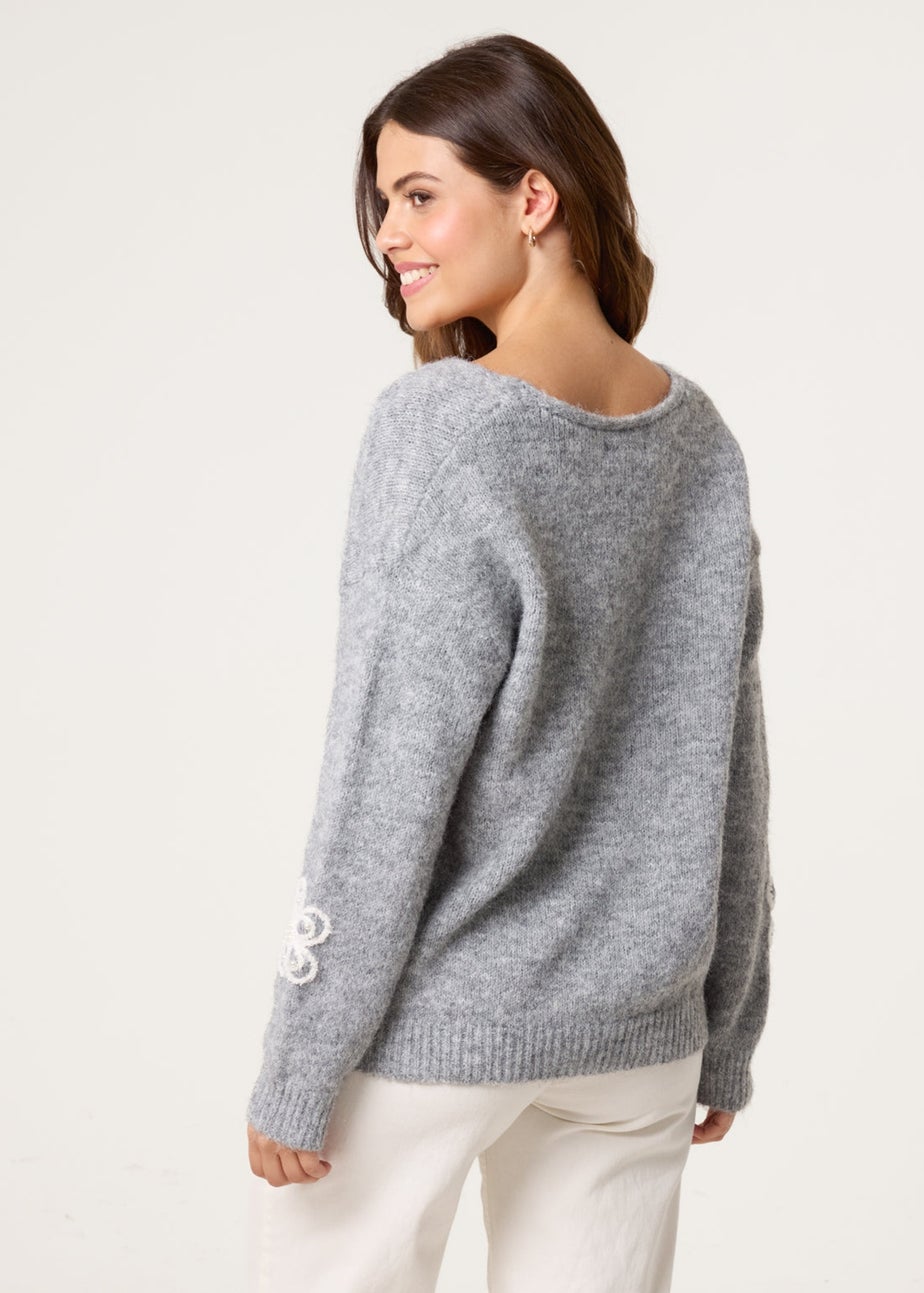 Blue Vanilla Grey V Neck Flower & Pearl Jumper