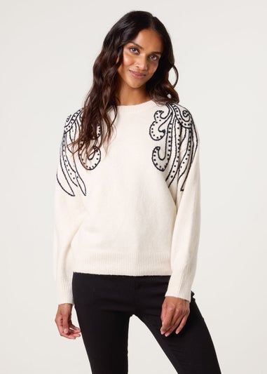 Blue Vanilla Ivory Embroidery Shoulder Detailing Jumper