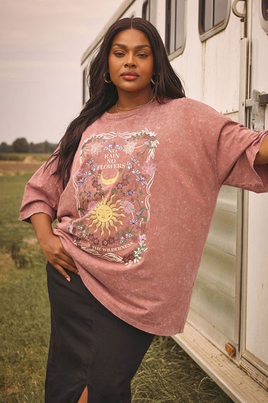 Yours Curve Orange 'No Rain No Flowers' Graphic Boxy T-Shirt