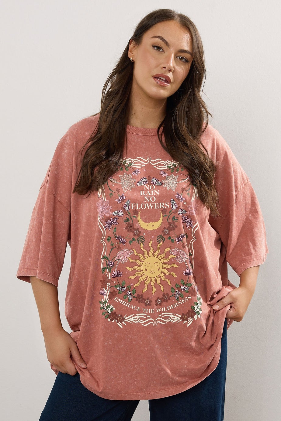 Yours Curve Orange 'No Rain No Flowers' Graphic Boxy T-Shirt