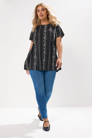 Yours Curve Black Floral Pointelle Swing Top
