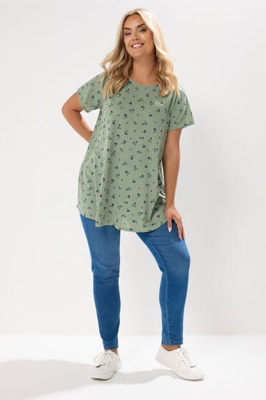Yours Curve Sage Green Floral Pointelle Swing Top