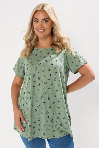 Yours Curve Sage Green Floral Pointelle Swing Top