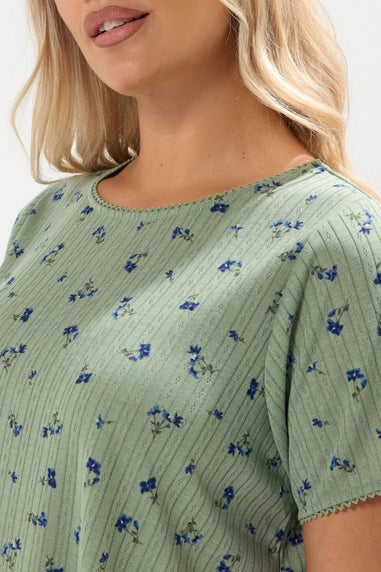 Yours Curve Sage Green Floral Pointelle Swing Top