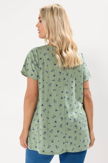Yours Curve Sage Green Floral Pointelle Swing Top