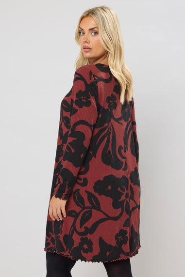 Yours Curve Red Abstract Floral Ribbed Tunic Top