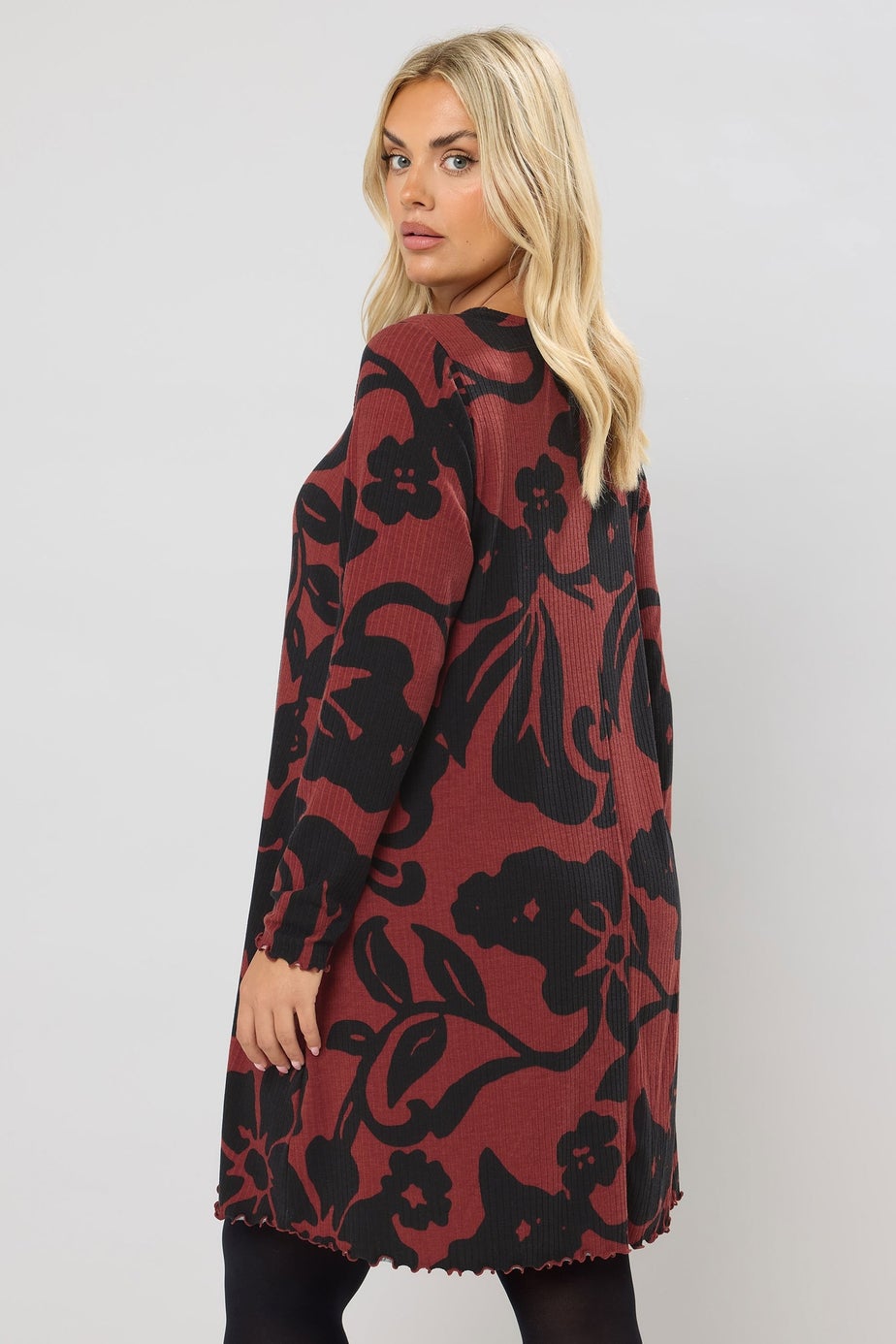 Yours Curve Red Abstract Floral Ribbed Tunic Top