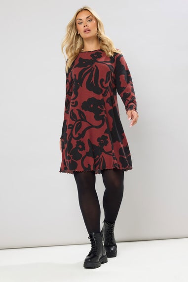 Yours Curve Red Abstract Floral Ribbed Tunic Top