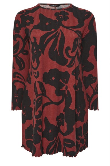 Yours Curve Red Abstract Floral Ribbed Tunic Top
